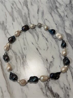 Baroque Keshi Pearl Necklace Black White Iridescent Statement Jewelry